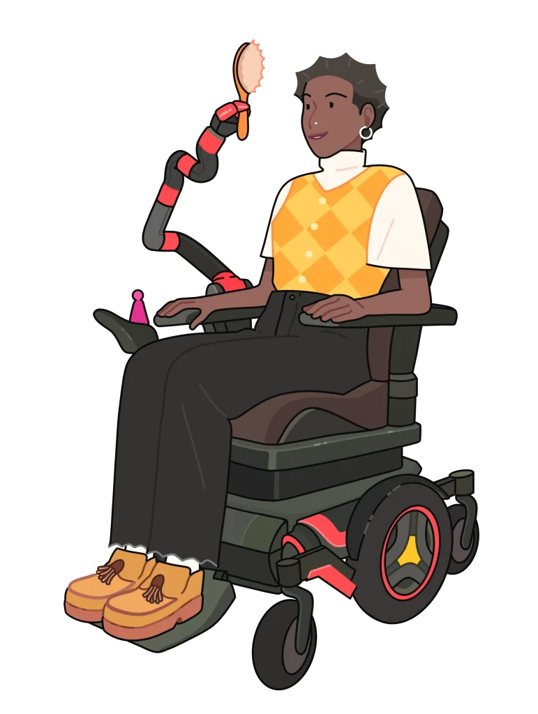 Illustration d'une personne en fauteuil roulant électrique avec un ORTHOPUS Explorer installé sur son accoudoir.