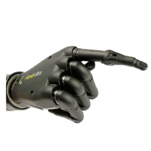 Photo d'une prothèse myoélectrique en forme de main. Elle est de couleur noire. 