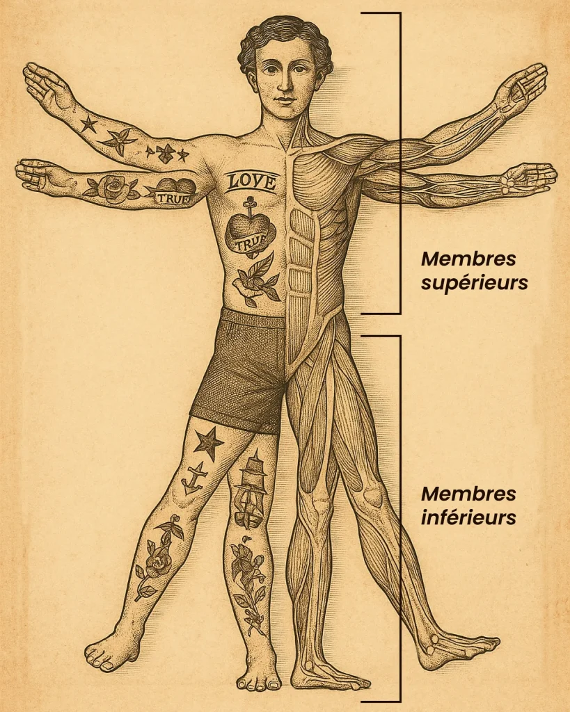 Schéma du corps humain illustré de manière vintage. Le schéma ressemble à l'homme de Vitruve de Léonard de Vinci mais avec un côté moderne car l'homme a des tatouages.