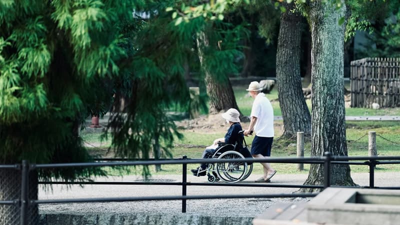 Photo d'une personne qui aide à pousser le fauteuil roulant d'une personne en situation de handicap dans un parc.