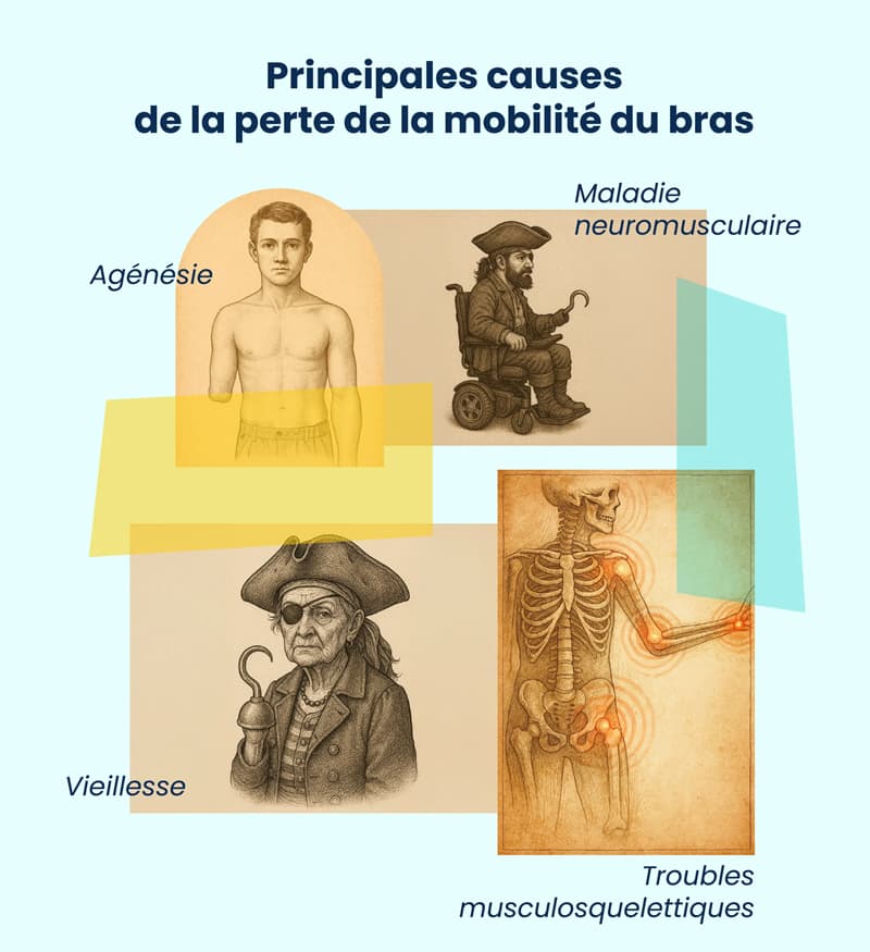 Les principales causes de la perte de mobilité du bras : agénésie, maladie neuromusculaire, vieillesse, troubles musculosquelettiques